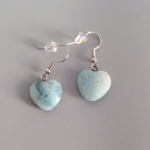 Peruvian Larimar Heart Earrings Silver Tone Dangle Love Boho Natural Blue Green